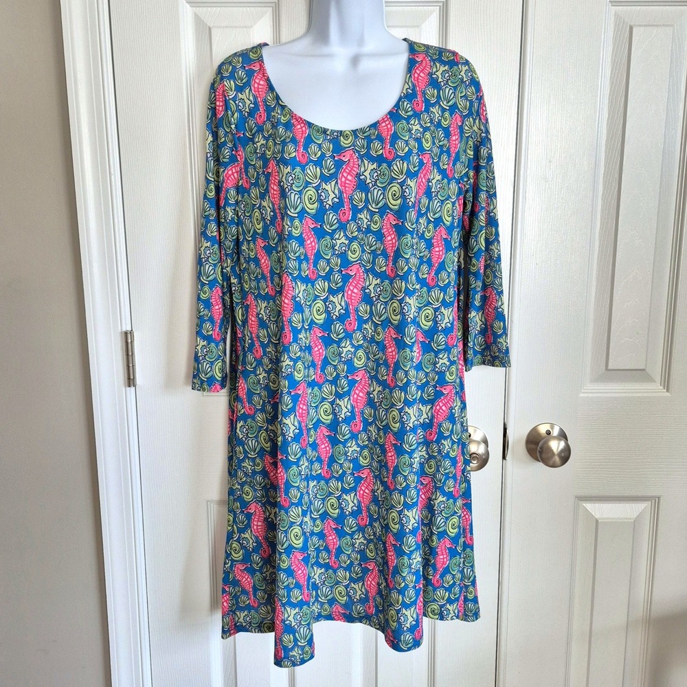Simply Southern seahorse pink and blue dress with pockets‎ women's small